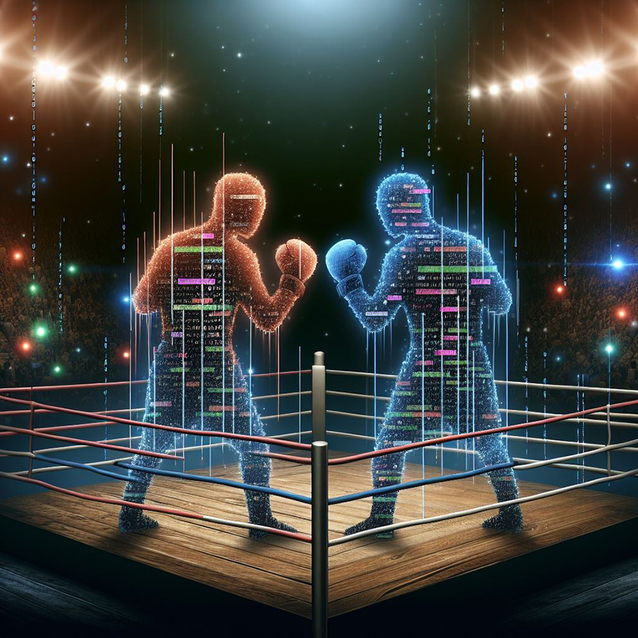 Two boxers made of digital code out up their dukes in a boxing ring.
