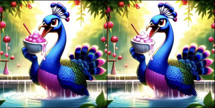 Brightly colored graphic image of two peacocks side-by-side