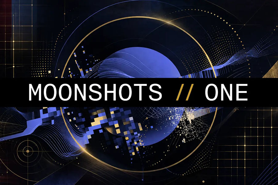 Logo for the Moonshots One competition, which says Moonshots One against a black background.
